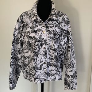 Impulse CA white denim jacket with black stencil floral print